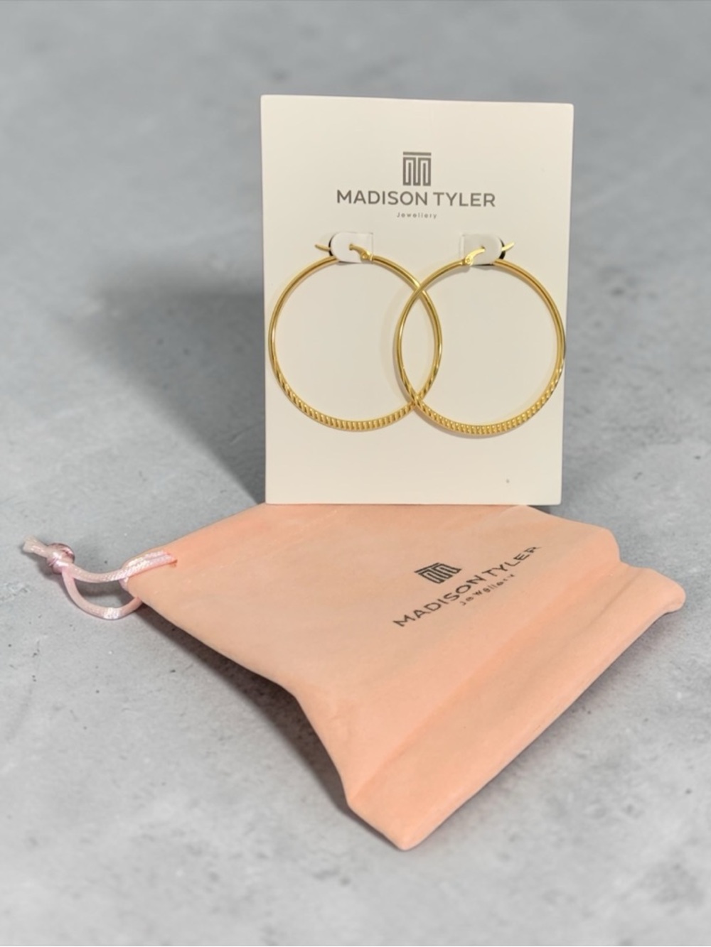Madison Tyler Gold Hoop Earrings with Twisted Edge Dust Bag New